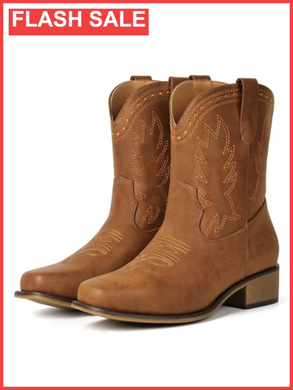 Women's Square Toe Ankle Western Cowgirl Boots Faux Leather Low Heel Pull-On